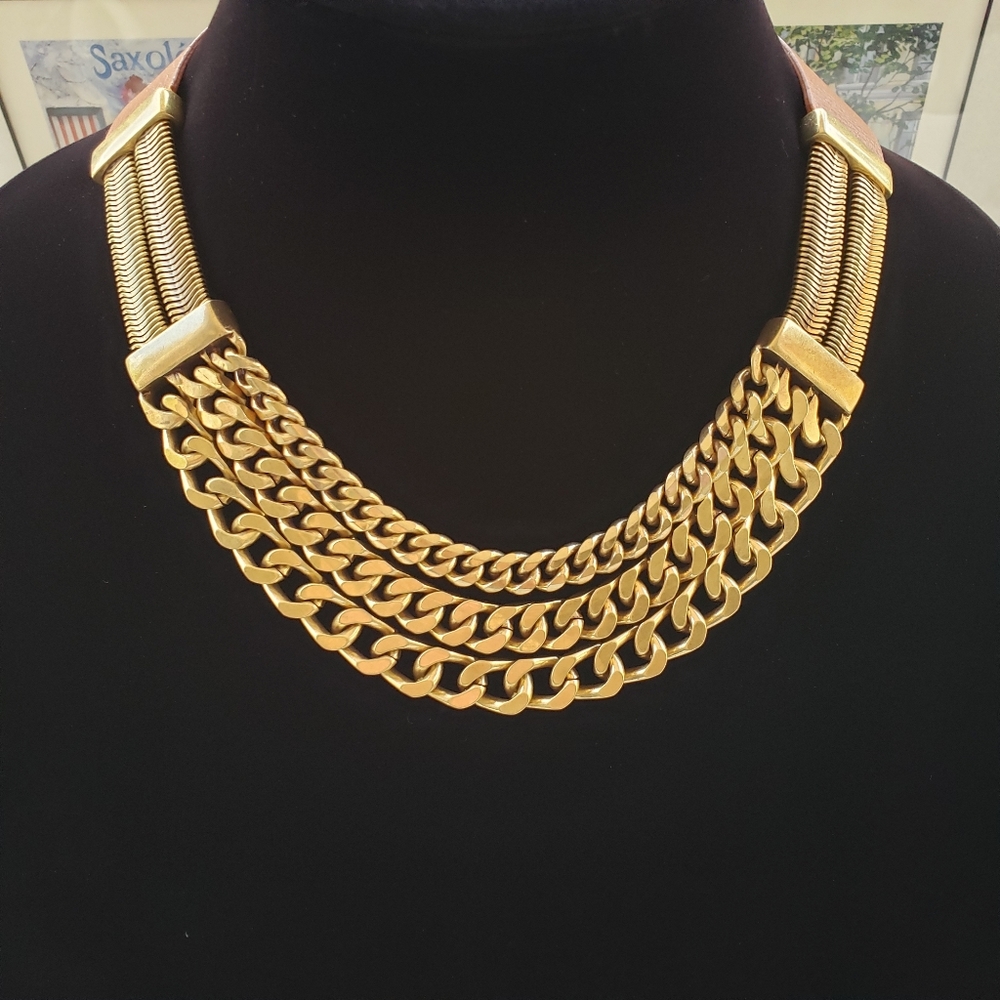 Rebecca Minkoff Choker Necklace Chains & Leather Color: Tan & Gold NWT